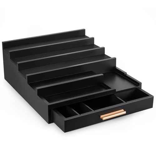 Cologne Organizer for Men, 5 Tier Wooden Perfume Organizer Display with Drawer and Hidden Compartment, Cologne Stand, Perfume Stand, Display Risers, Gift for Men (Black)