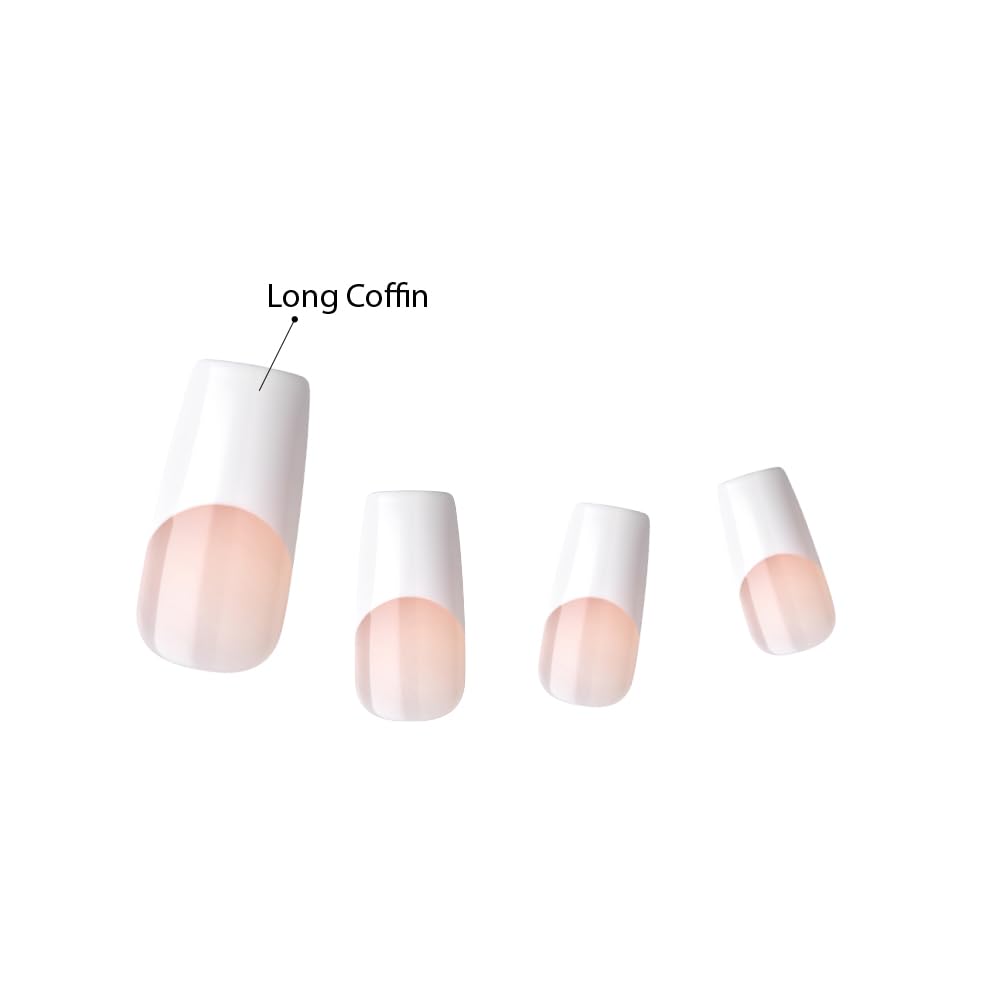 KISS Acrylic French False Nails Kit, Long Coffin Wide Fit Design Nail, Classic White Color French Tip Nails, Ready to Wear Gel & Manicure Stick Included, Long-Lasting Convenient & Easy to Apply