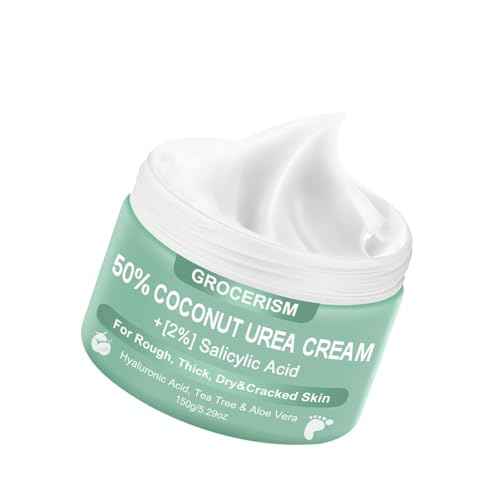 Grocerism Urea Cream 50 Percent for Feet with Coconut 5.29 oz || Foot & Hand Cream Maximum Strength with 2% Salicylic Acid, Tea Tree and Aloe Vera for Deep Moisturizing and Callus Removing