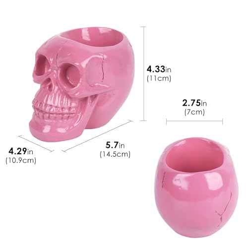 Skull Makeup Brush Holder, Skull Pen Holder, Gothic Skulls & Bones Organizer Bathroom Skeleton for Vanity Decor, Office Organizer, Planter (Pink)