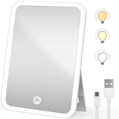 360¡Æ Rotating LED Makeup Mirror Rechargeable Travel Vanity Mirror with Lights Dimmable 3 Color LED and Brightness Portable Mirror for Desk Lighted Compact Travel Mirror with Touch Screen