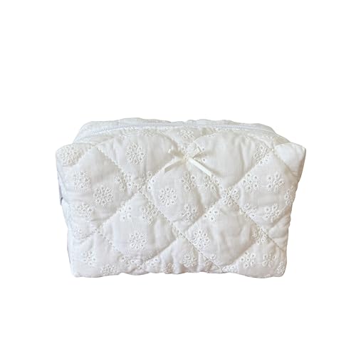 Cotton Quilted Makeup Bag Coquette Accessories Make up Bag Organizer Cute Floral Cosmetic Pouch Travel Makeup Bag for Women,Embroidery White