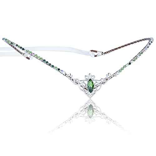 MOSTORY Handmade Green Crystal Tiara for Princess Wedding Rhinestone Fairy Crown Headband for Bridal Shower V-shape Woodland Elf Headpiece for Women Queen Bachelorette Party Medieval Fair Proms