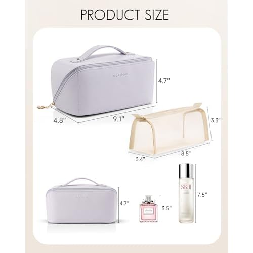 Vlando Makeup Bag,Large Capacity Toiletry Bag for Women Waterproof Portable Make up Pouch PU Leather Open Flat Cosmetic Bag(Purple)