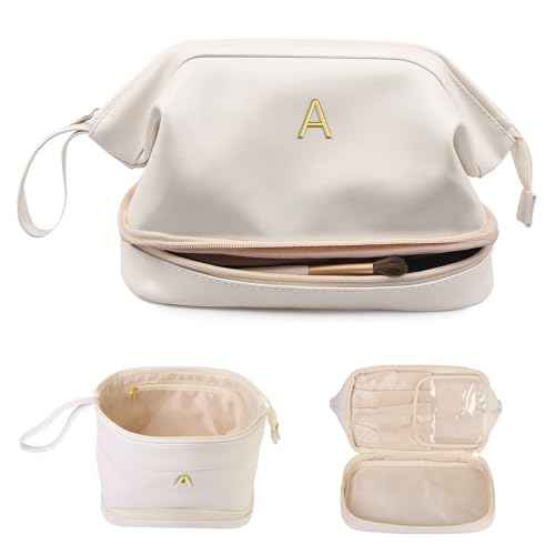 Women Gifts, Bridesmaid Gift, Initial Large Makeup Bag, Travel Essentials, Personalized Double Layer Cosmetic Bag with Makeup Brush Organizer, Toiletry Bag, Gifts for Friends Female Mom