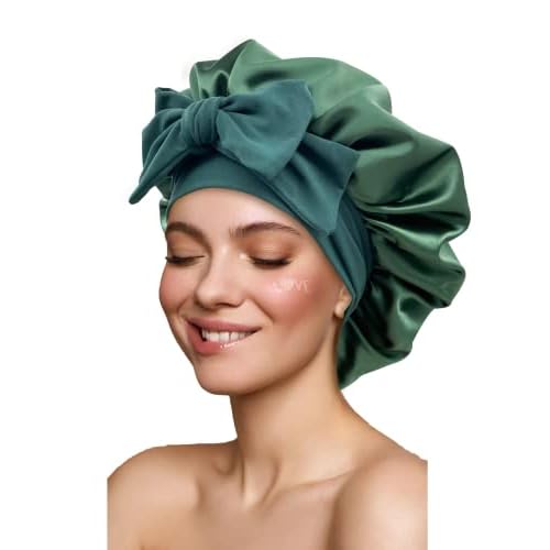 Satin Silk Hair Bonnet for Sleeping - Large Bonnets With Tie Band, Adjustable Straps, Night Sleep Cap for Women With Curly Braid Hair - Hunter Green