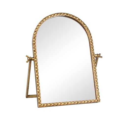 Vintage Desk Makeup Mirror, 11.8" L x 7.9" W Antique Gold Vanity Table Mirror, Metal Framed Arched Small Standing Mirror with Beaded, 360 Adjustable Rotation for Tabletop, Bedroom