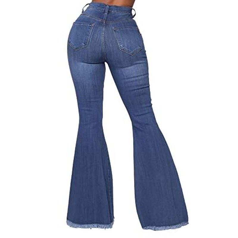 Women's Fashion Bell Bottom Pants High Waist Tassel Stretch Curvy Fit Jeans Blue