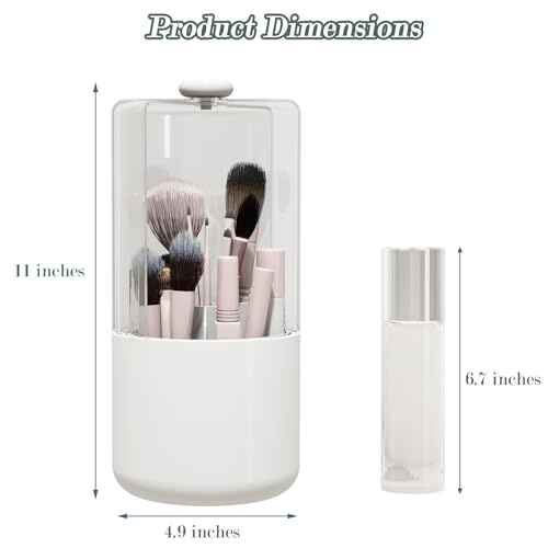 Makeup Brush Holder with Dustproof Cover, Clear 360 Rotating Make Up Brushes Organizer for Counter Vanity Bathroom, White