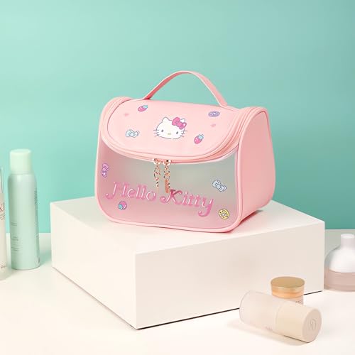 Cute Cartoon Womens Toiletry Bag, PU Leather Translucent Waterproof Toiletries Bag, Travel Makeup Bag Organizer (Pink)