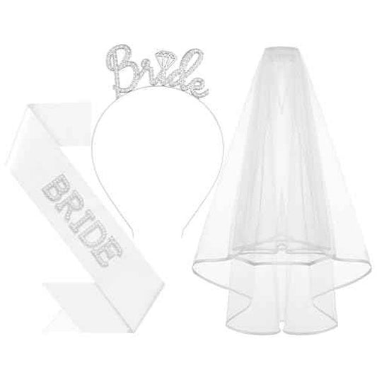 3Pcs Bride to Be Headband with Sash and Veil for Bachelorette Party Decorations, Bridal Shower Accessories for Gift, Favors - Silver