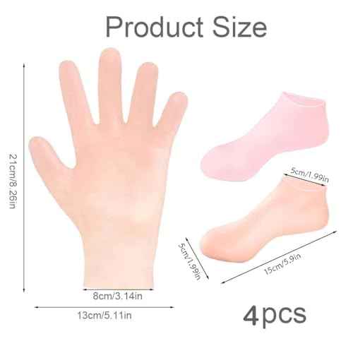 4 Pairs Silicone Moisturizing Glove Socks Set for Dry Cracked Feet and Hands, Anti Slip Spa Socks Women Gel Pedicure Socks for Foot Hand Softening Foot Care After Pedicure