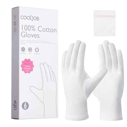 COOLJOB 100% Cotton Gloves, 6 Pairs White Cotton Gloves for Dry Hands Moisturizing & Eczema, Overnight Lotion, Sleep & Spa Treatment for Women & Men, Breathable Work Glove Liners, Medium Size
