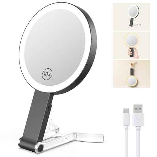 Benbilry Lighted Makeup Vanity Mirror, 10X Magnifying Mirror with Light 3 Colors, Adjustable Brightness & Stand, Tabletop & Hanging, 3 in 1 Portable Type-C Rechargeable, Black