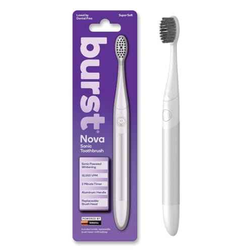 Burst Nova Toothbrush (White) | Sonic Powered Teeth Whitening | Super-Soft Bristles | 18000 VPM | 2 Minute Timer | Aluminum Handle | Replaceable Brush Head | Compact Size | with AAA Battery