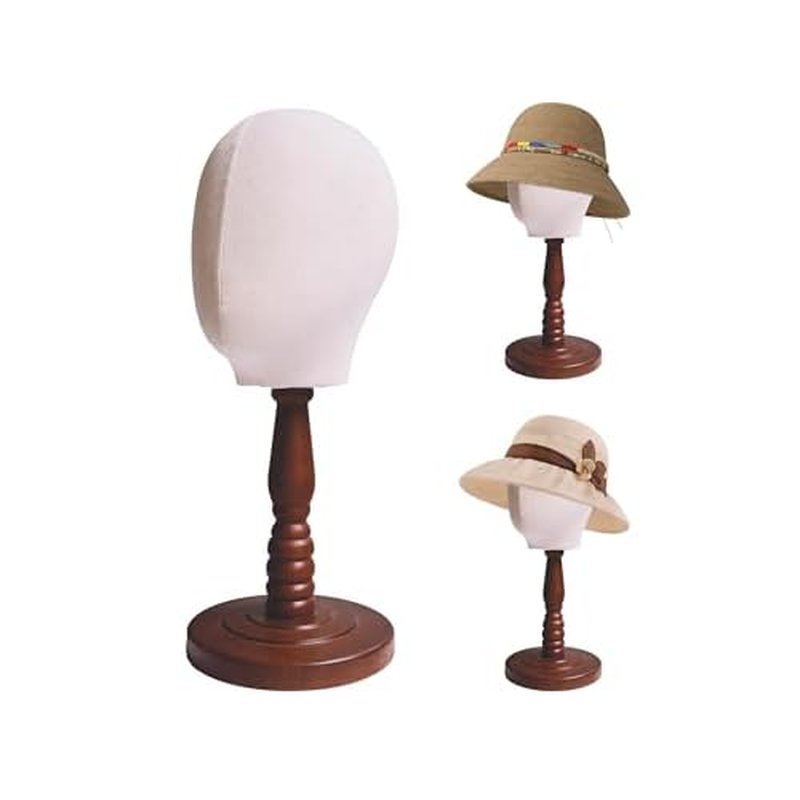 UnPinnable Canvas Mannequin Head Wig Head Stand Mannequin Head Hat Display Wig Head Hat Racks Standing Wig Holder Fabric Mannequin Head Stand for Wigs, Hats, Caps, Headdress, Canvas Dome+Wood Base