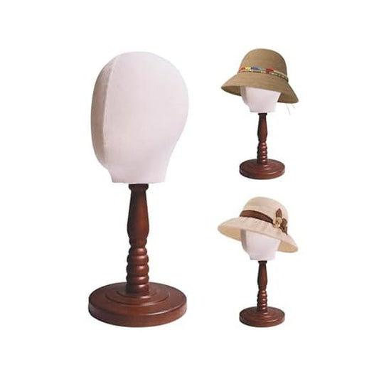 UnPinnable Canvas Mannequin Head Wig Head Stand Mannequin Head Hat Display Wig Head Hat Racks Standing Wig Holder Fabric Mannequin Head Stand for Wigs, Hats, Caps, Headdress, Canvas Dome+Wood Base