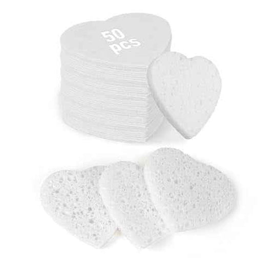 50-Count Heart Shape Compressed Facial Sponges,100% Natural Cellulose Face Sponge Spa Sponges for Removing Dead Skin, Dirt and Makeup(White)
