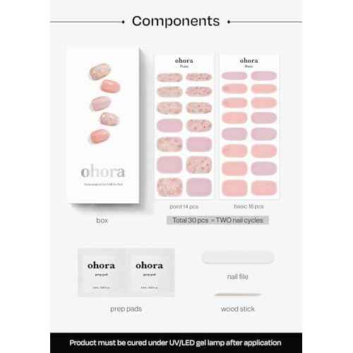 ohora Semi Cured Gel Nail Strips (N Lazy Sunday) - Pink, Patterned, Works with Any UV/LED Lamps, Salon-Quality, Long Lasting, Easy to Apply & Remove - Includes 2 Prep Pads, Nail File & Wooden Stick