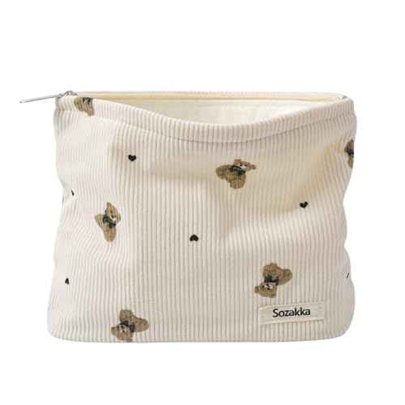 Corduroy Travel Makeup Bag with Bear Pattern, Cosmetic Bag for Purse Organizer, Toiletry Bag with Zipper For Women Travel Essentials(02Beige)
