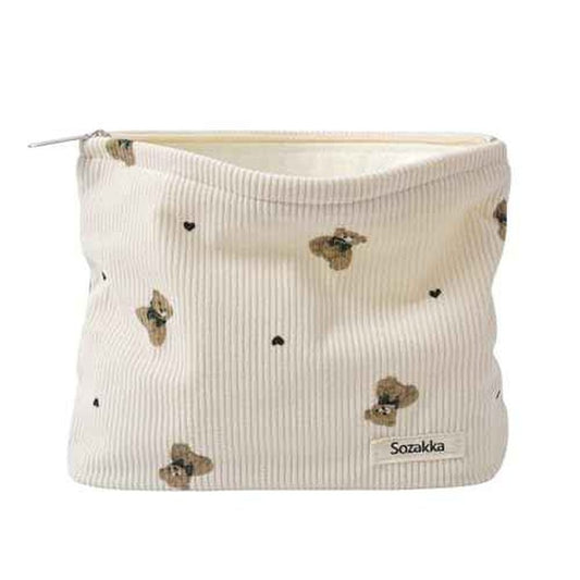 Corduroy Travel Makeup Bag with Bear Pattern, Cosmetic Bag for Purse Organizer, Toiletry Bag with Zipper For Women Travel Essentials(02Beige)
