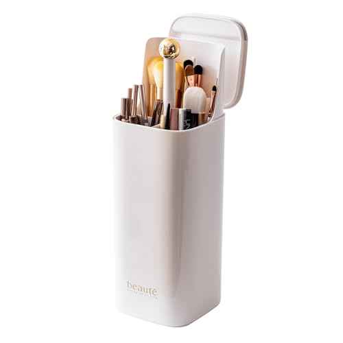 Makeup Brush Holder Organizer, One Touch for Open, Dustproof Make Up Organizer with Lid for Vanity Bathroom Countertop,White