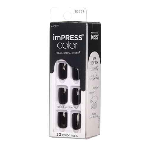 KISS imPRESS No Glue Mani Press On Nails, , 'All Black', Black, Short Size, Squoval Shape, Includes 30 Nails, Prep Pad, Instructions Sheet, 1 Manicure Stick, 1 Mini File