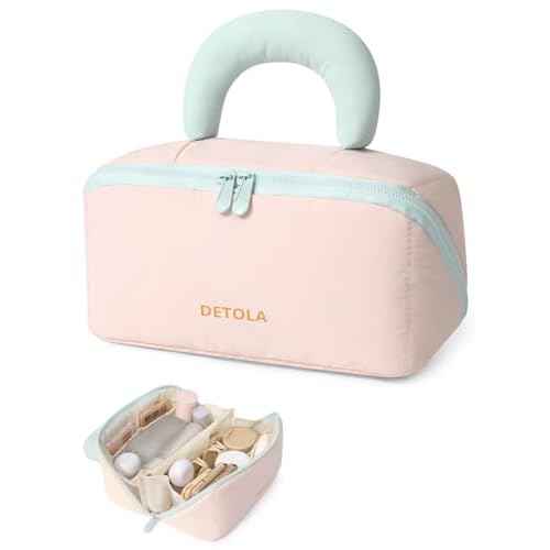 Detola Makeup Bag, Large Capacity Cosmetic Bags Travel Toiletry Bag for Women Waterproof Make up Organizer Portable Open Flat Cosmetic Pouch with Brush Compartment Travel Gifts for Women, Pink