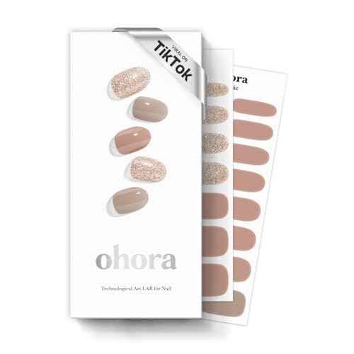 ohora Semi Cured Gel Nail Strips (N Carmel) - Nude, Glitter, Works with Any UV/LED Lamps, Salon-Quality, Long Lasting, Easy to Apply & Remove - Includes 2 Prep Pads, Nail File & Wooden Stick