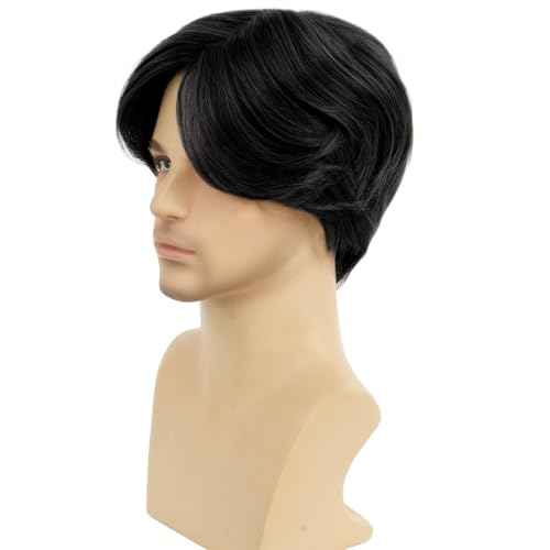 Mens Black Short Wig Middle Part Layered Straight Fluffy Hair for Male Daily Party Costume Cosplay Wear