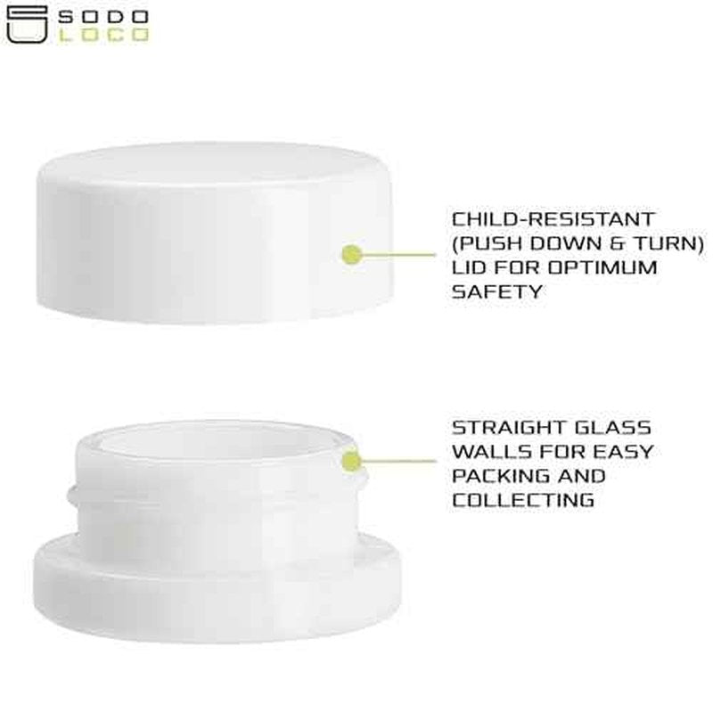(200 Pack) 9ml Thick White Glass Jars with White Child Resistant Lids - UV Resistant - Storage for Oil, Wax, Lip Balm, Cosmetics - Child Proof Container