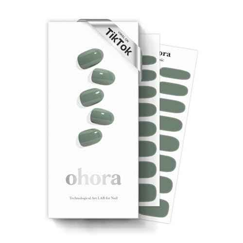 ohora Semi Cured Gel Nail Strips (N Cream Leaf) - Green, Solid, Works with Any UV/LED Lamps, Salon-Quality, Long Lasting, Easy to Apply & Remove - Includes 2 Prep Pads, Nail File & Wooden Stick
