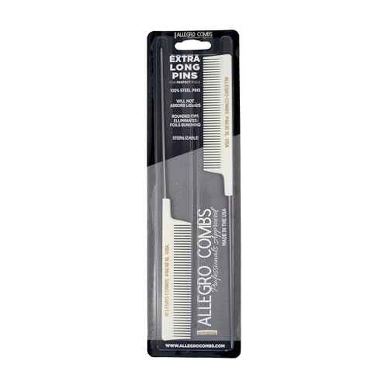 Allegro Combs LX #4630 - Set of 2 Coarse Teeth Pintail Combs, Stainless Steel Pins 1 Set (White)