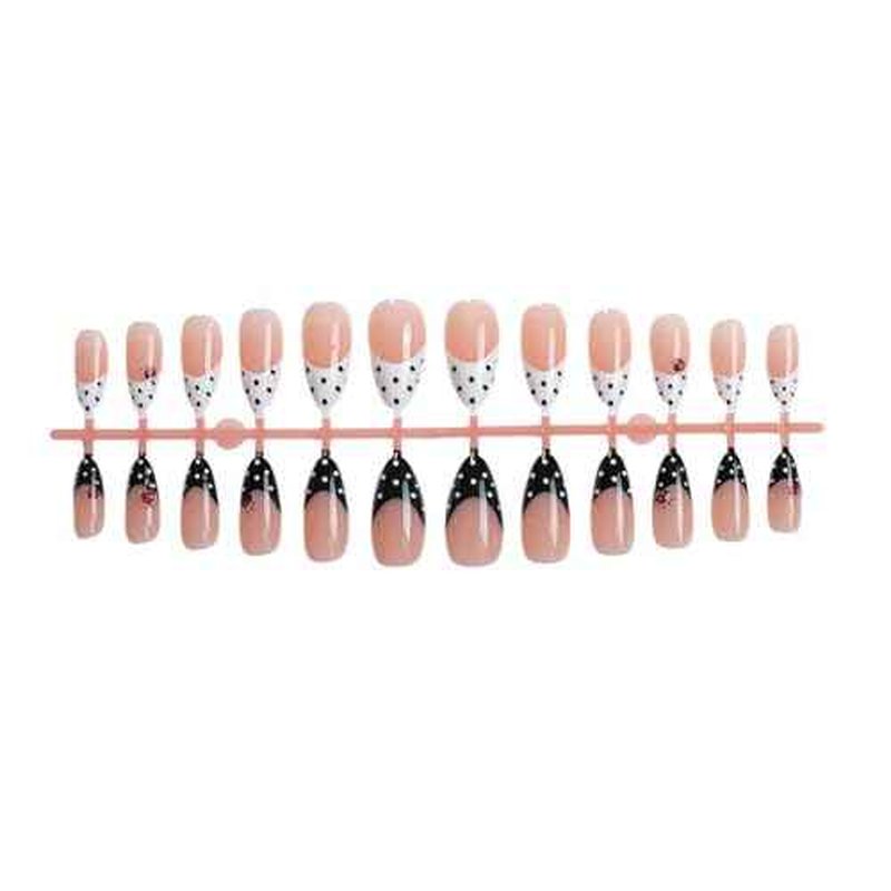 Polka Dot Press on Nails Medium Almond Nails Press on with Insects Bugs Design Glossy Black White French Tips Glue on Nails Reusable Full Cover Dots Nail Fall Winter Fake Nail for Women Manicure 24Pcs