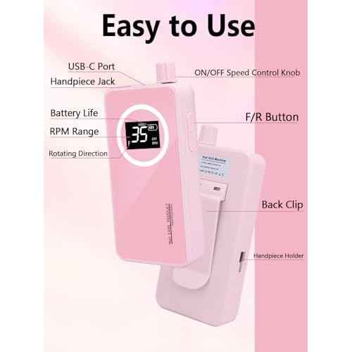 Nail Drill, Portable Electric Nail File 50000RPM, Rechargeable Nail Drill Professional with Bits for Acrylic Gel Nails, E-File Machine Manicure Polishing for Salon Home,Pink