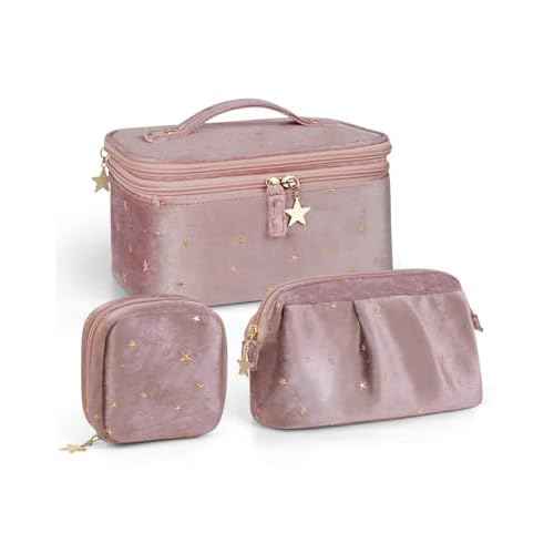 Wedama Makeup Bag Gift for Women, Double-layer Cosmetic Bag with Jewelry Storage and Brush Holder 3 Pcs Velvet Makeup Organizer Bag Gift Set Travel Toiletry Bag for Women Girls, Pink
