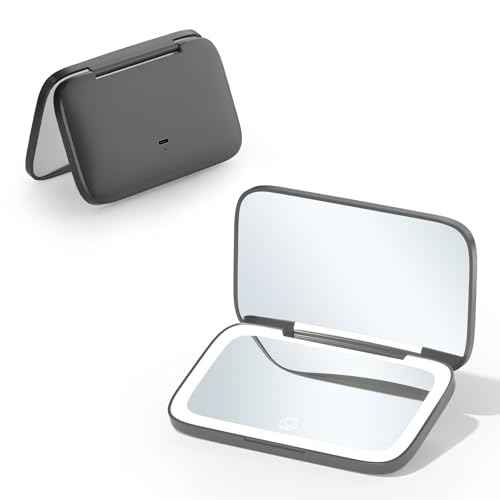 Mini Travel Makeup Mirror with Light ? Dual-Sided 5X/1X Magnification, Auto On/Off LED Lights, 180¡Æ Foldable Design, Portable Cosmetic Mirror for Handbag Small Make up Mirror - Black