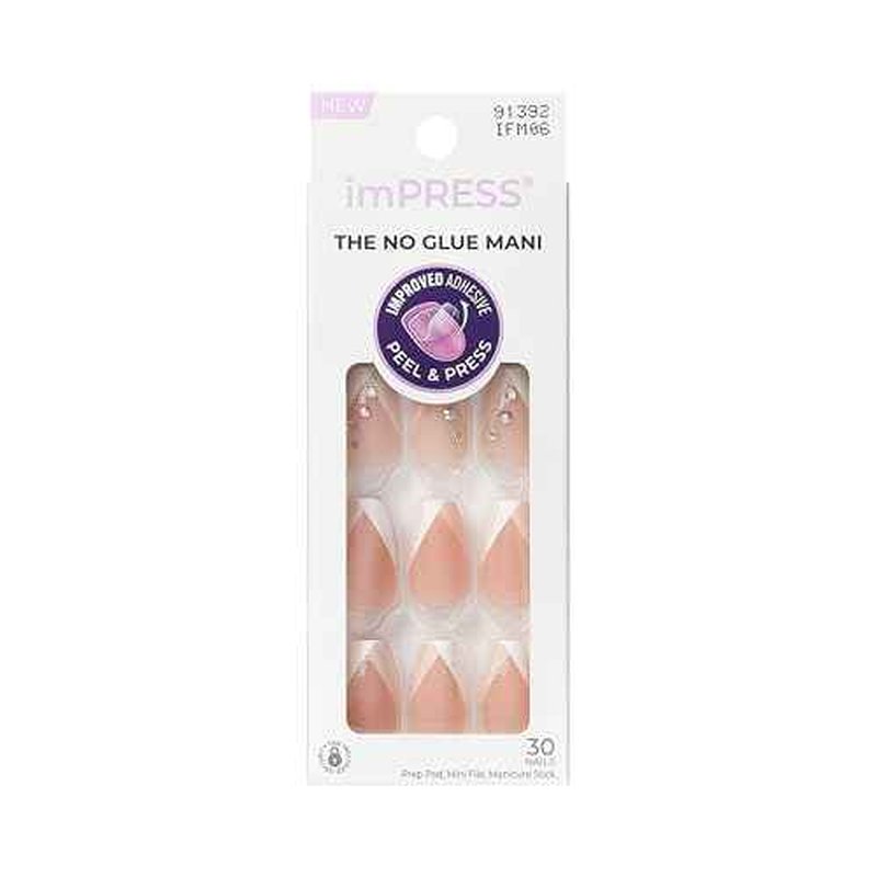 KISS imPRESS No Glue Mani Press On Nails, French, 'Glimpse', White, Medium Size, Coffin Shape, Includes 30 Nails, Prep Pad, Instructions Sheet, 1 Manicure Stick, 1 Mini File