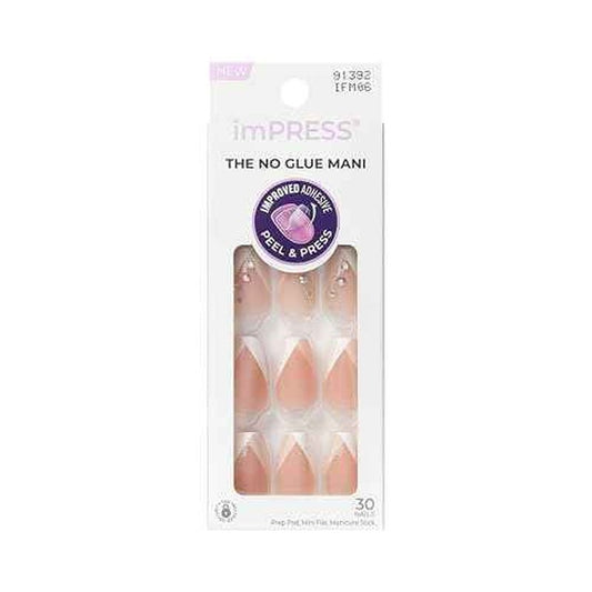 KISS imPRESS No Glue Mani Press On Nails, French, 'Glimpse', White, Medium Size, Coffin Shape, Includes 30 Nails, Prep Pad, Instructions Sheet, 1 Manicure Stick, 1 Mini File