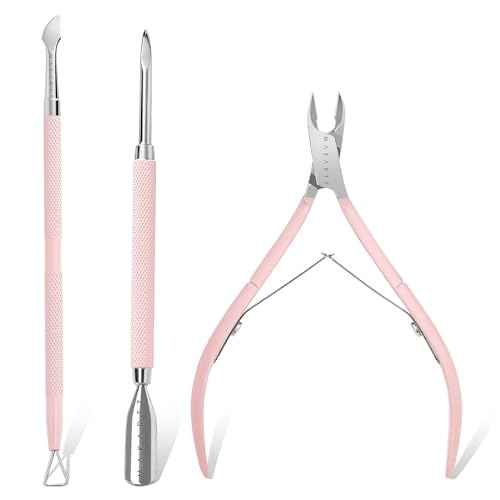 Makartt Cuticle Trimmer with Cuticle Pusher, 3 PCS Pink Nail Cuticle Nipper Professional Pedicure Manicure Tools with Stainless Steel Dual End Pusher, Nail Scraper