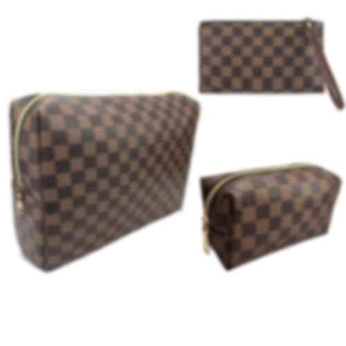 bopomofo Brown Checkered Cosmetic Bag 3 Pack,1 Big Pouch,1 Makeup Brushes Holder, 1 Coin Purse,Portable Travel Makeup Bag Set Lightweight and Waterproof Storage Bag Organizer (Brown Checkered 3 Pcs)