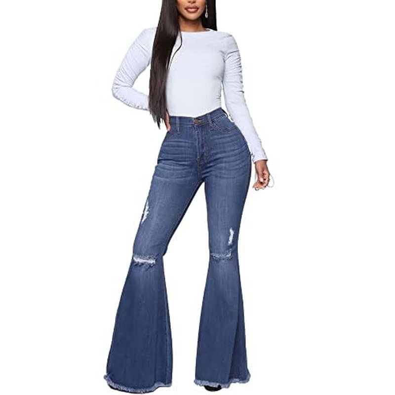 Women's Fashion Bell Bottom Pants High Waist Tassel Stretch Curvy Fit Jeans Blue
