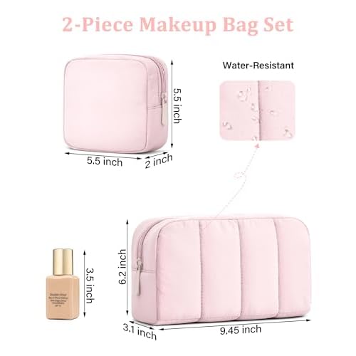 oscaurt 2 Pcs Makeup Bag Travel Toiletry Bag for Women Puffy Padded Cosmetic Pouch Purse Wide-open Makeup Organizer Case Travel Essentials