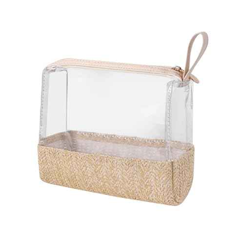 Boho Small Clear PVC Waterproof Makeup Bag with handle, Transparent Zipper Cosmetic Bag for Travel, Beach Bag for Sun screen Skincare (02 Beige-1)