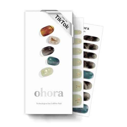 ohora Semi Cured Gel Nail Strips (N Dreaming) - Dark, Patterned, Works with Any UV/LED Lamps, Salon-Quality, Long Lasting, Easy to Apply & Remove - Includes 2 Prep Pads, Nail File & Wooden Stick