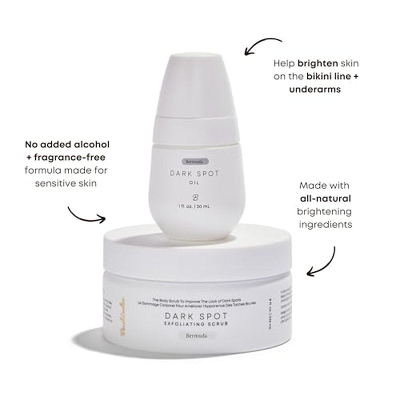 Bushbalm Ultimate Brightening Routine - Radiant Reset Exfoliating Ingrown Hair Pads, Bermuda Body Scrub and Bermuda Dark Spot Oil with TXA, AHA, and BHA for Dark Spots Ingrown Hair & Razor Bumps