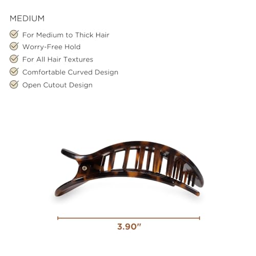 TELETIES - Medium Flat Round Clip - Strong Grip, Bendable Teeth, Comfortable Curved Design - For Lying Down, Yoga, Driving & More - Ideal for Medium-Thick Hair - For All Hair Textures - Tortoise