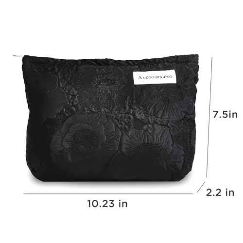 Makeup Bag Cosmetic bag Preppy Embroidery Canvas Toiletry Bag for women Cute zipper pouch Organizer Travel accessories (Pure Black Embossing, Large)