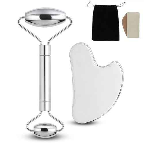 Stainless Steel Gua Sha and Face Roller Set Facial Massager Tools, Lymphatic Drainage Massager Metal Gua Sha Skin Self Care Gifts for Women, Face Sculpting Guasha for Body Eyes with Pouch