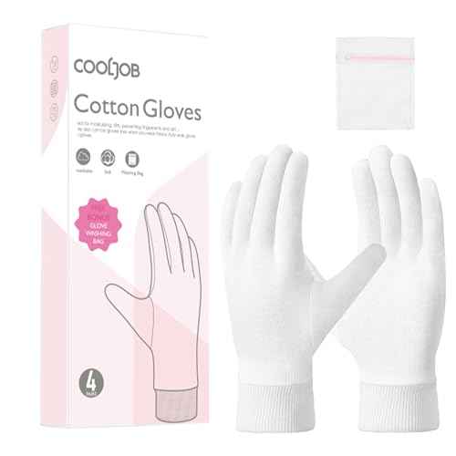COOLJOB 4 Pairs Soft Moisturizing Cotton Gloves Set with Stretch Elastic Cuff, Overnight Lotion Sleeping Gloves for Dry Hands, Eczema Skin, Beauty Women SPA Essentials, Medium, White